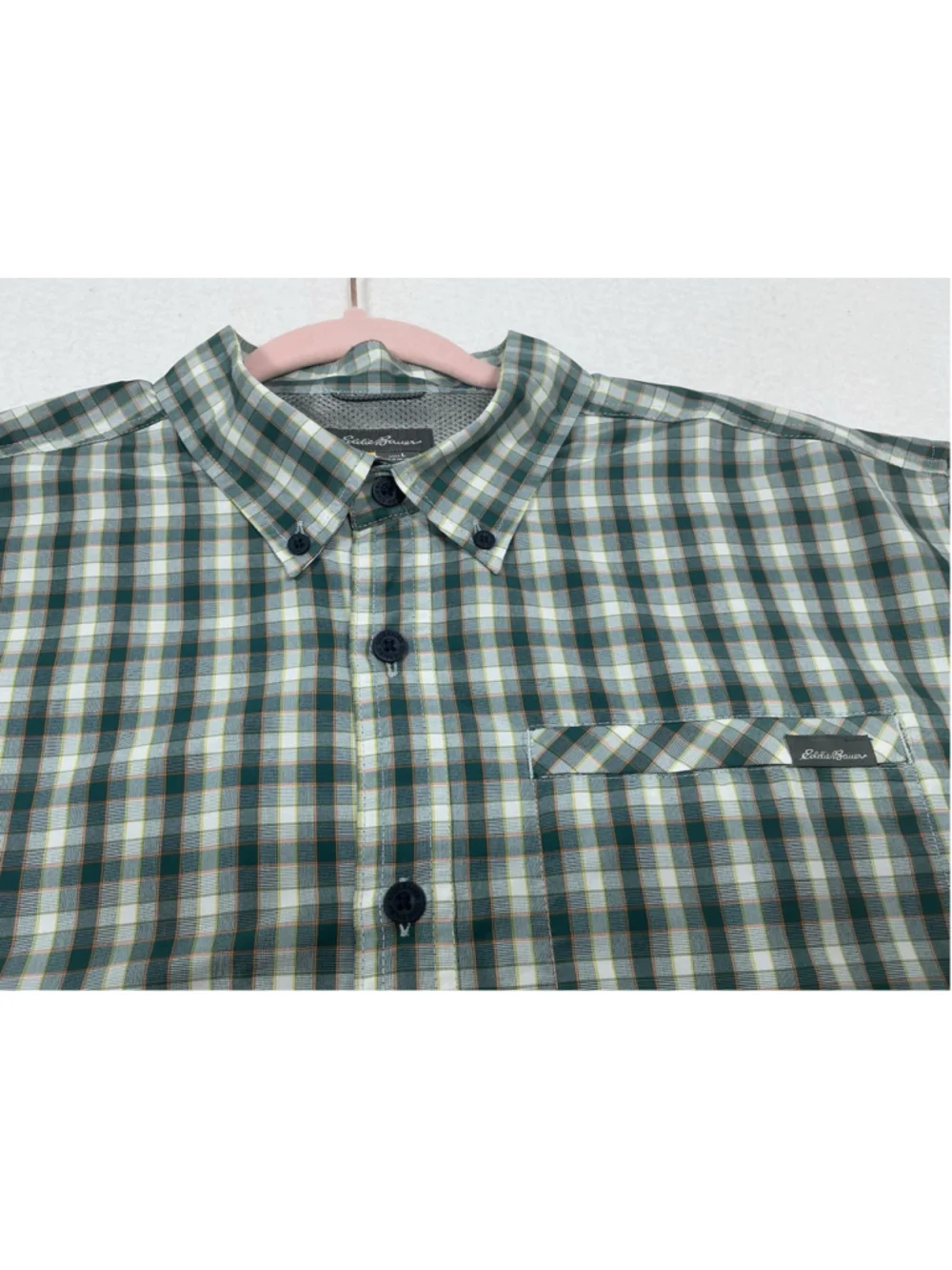 Eddie Bauer Mens Button Down Shirt Large Green White Plaid Short Sleeve Pockets